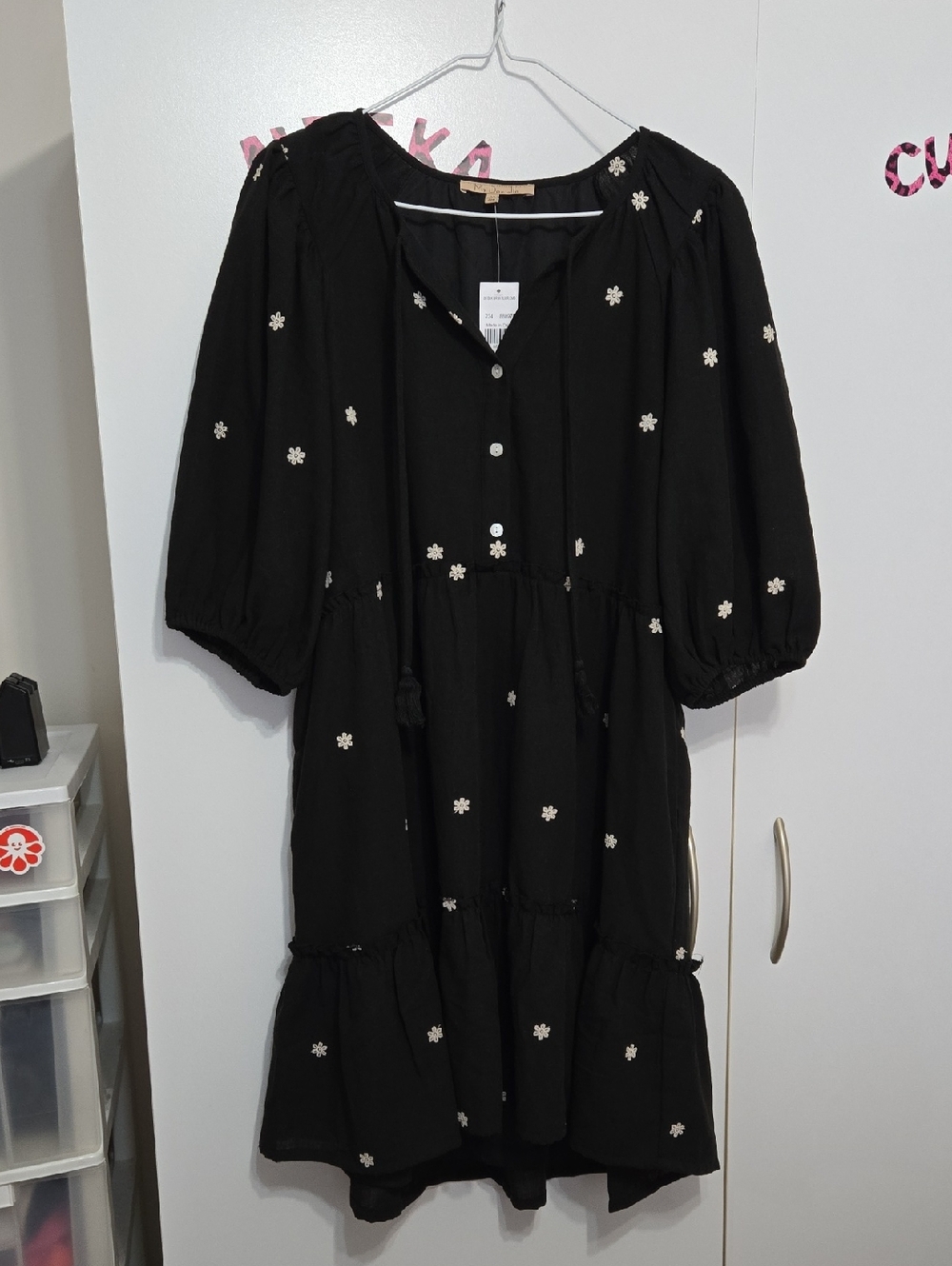 Black Floral Embroidered Tiered Dress